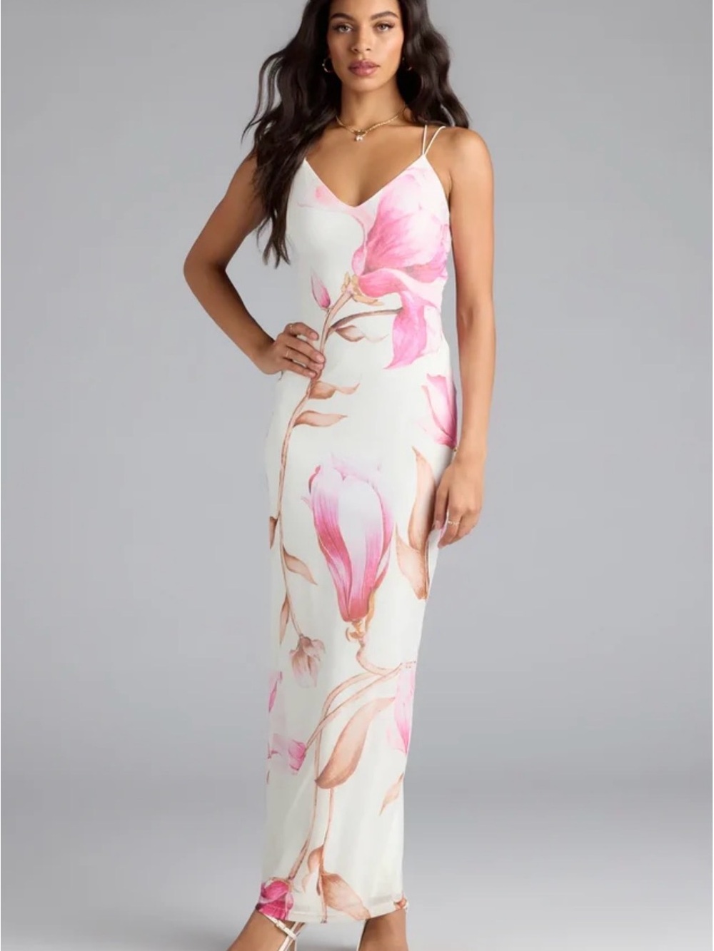 Windsor White Maxi Dress with Pink Floral Print